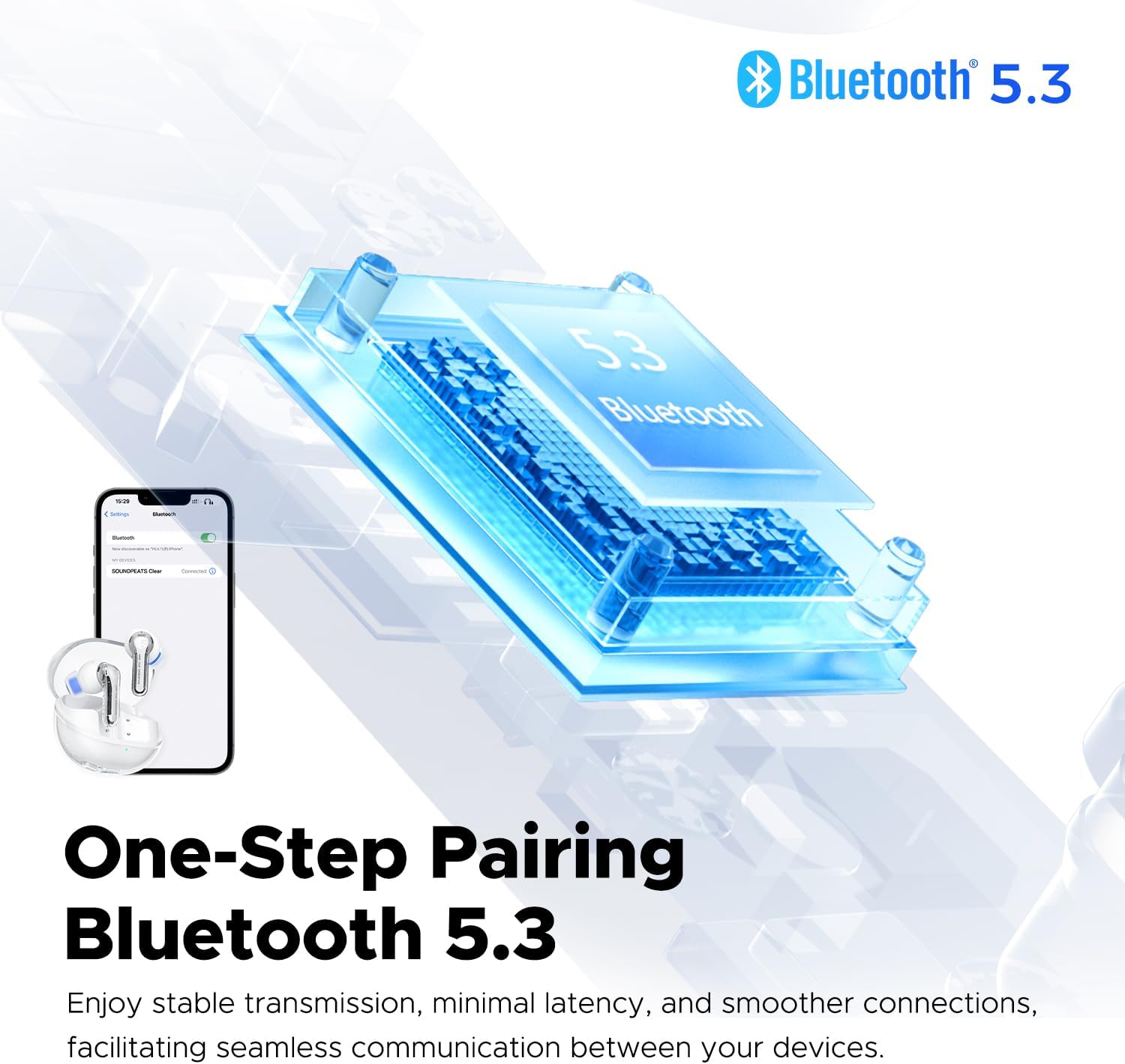 SoundPEATS Clear Wireless Bluetooth Earbuds, in-Ear Earphone Bluetooth 5.3