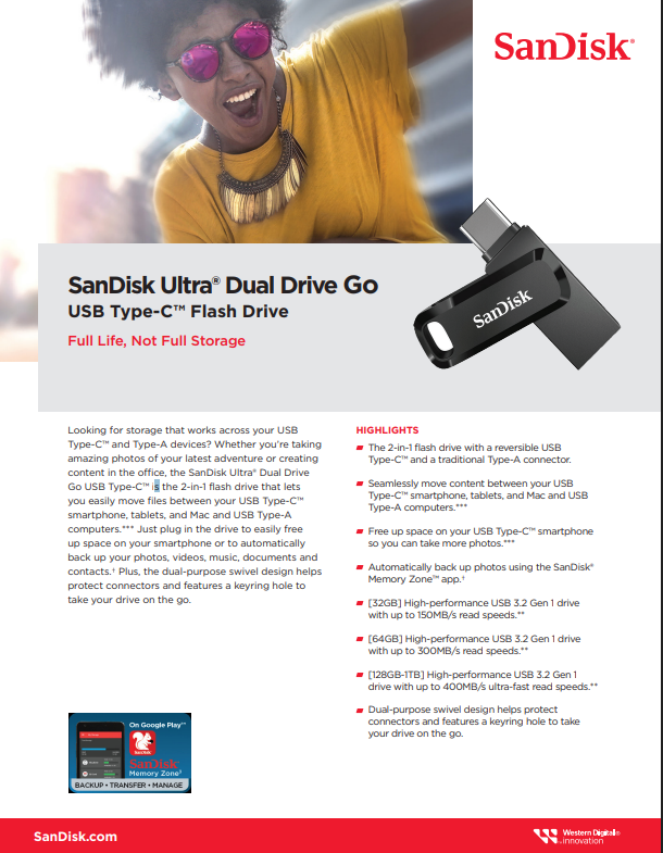 SanDisk Ultra Dual Drive Go USB Type-C Flash Drive 32, 64, 128, 256, 512, 1TB