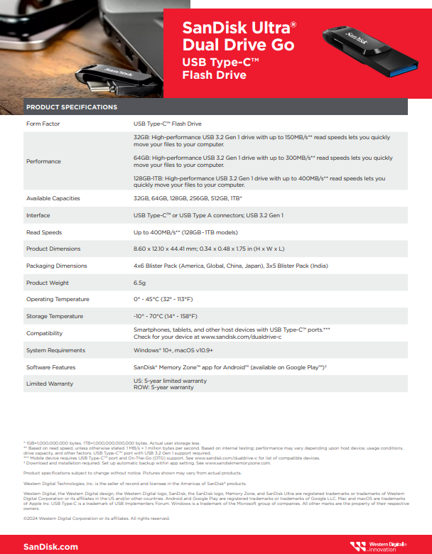 SanDisk Ultra Dual Drive Go USB Type-C Flash Drive 32, 64, 128, 256, 512, 1TB